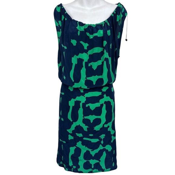 Plenty Tracy Reese 100% Silk Navy Green Blouson Lightweight Pullover Dress sz M - Picture 1 of 16